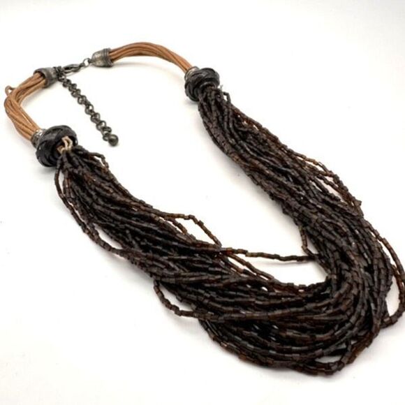 Chico’s black beaded layered multi-strand twisted necklace leather cord Chunky - Picture 3 of 11
